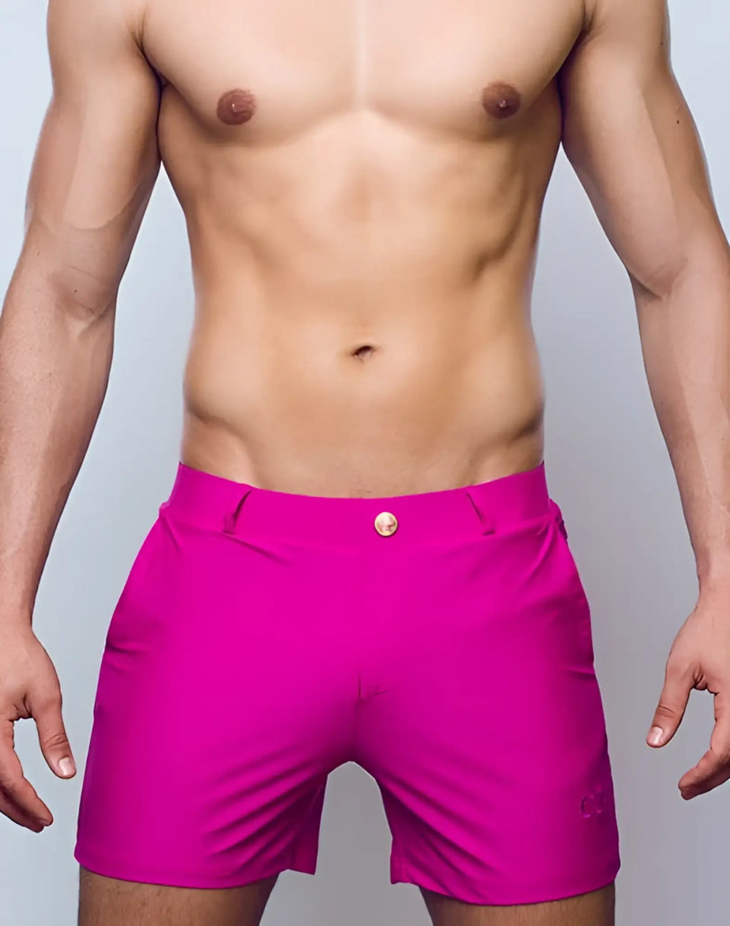 Bright fuchsia 2EROS Bondi Shorts Series 3 swim trunks with sleek tailored design and single button waistband closure
