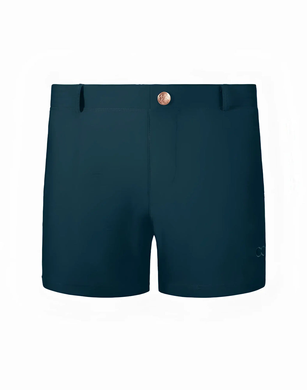 Dark teal 2eros bondi shorts series 3 with rose gold button and subtle brand logo on the side