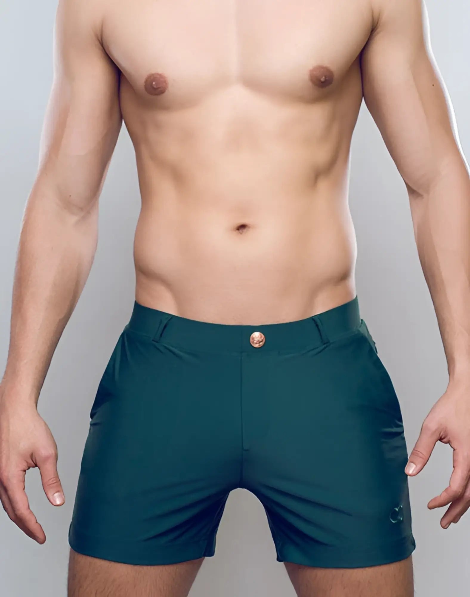 Teal 2EROS Bondi Shorts Series 3 swim trunks with gold button and embroidered logo on lower right leg