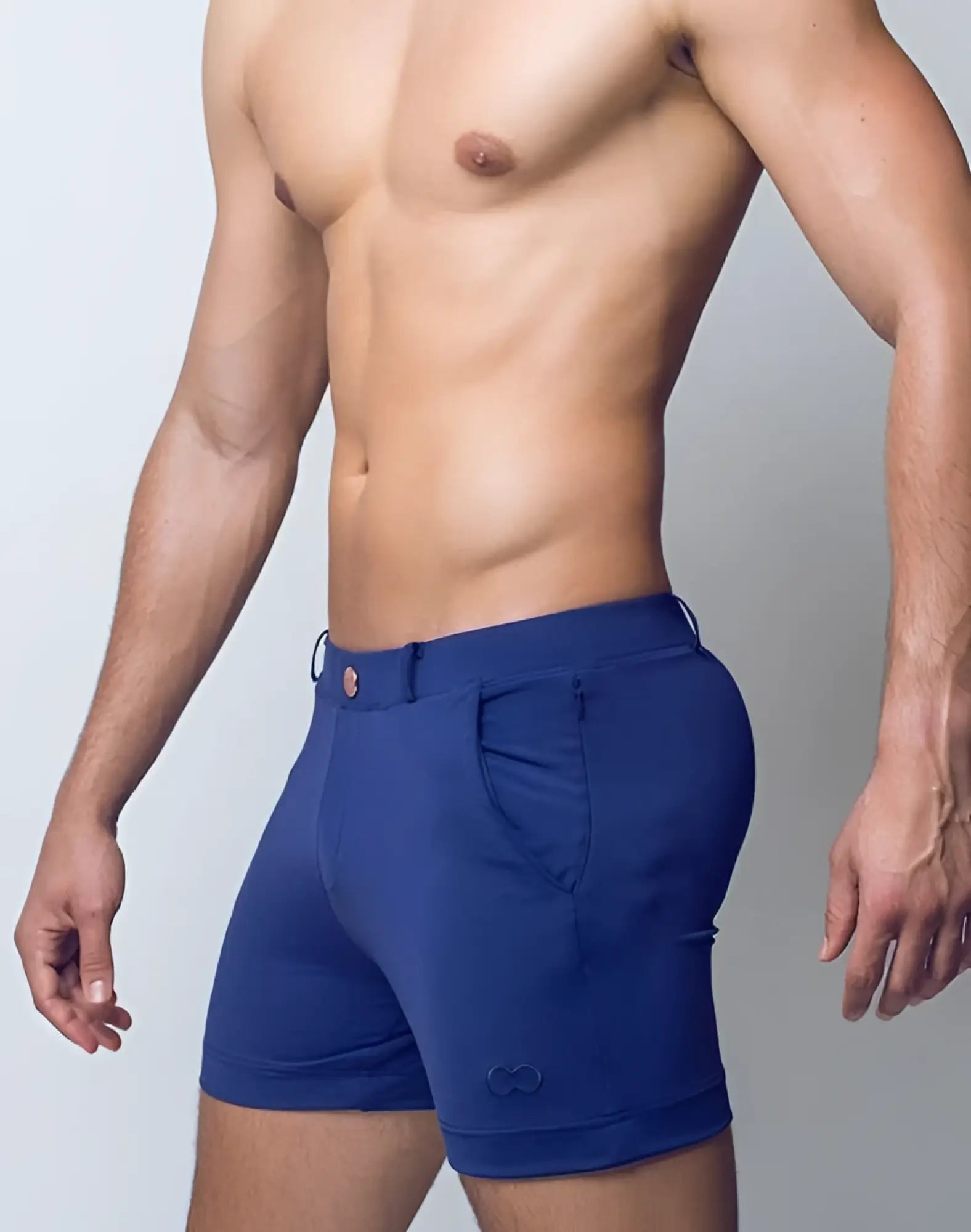 Blue 2EROS Bondi athletic shorts with sleek form-fitting design and subtle logo on the lower leg