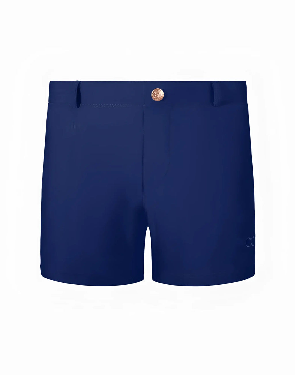 Navy 2eros bondi shorts series 3 with rose gold button and subtle brand logo on the side in navy blue