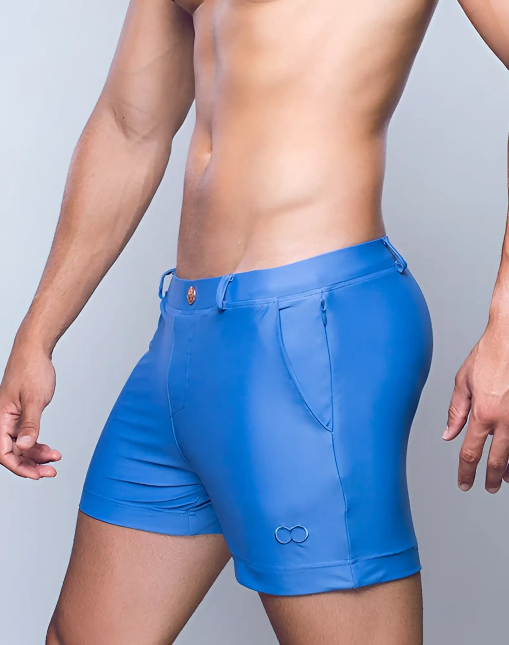 Bright blue 2EROS Bondi athletic shorts with a sleek form-fitting design and subtle infinity embroidery on the leg