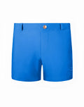Bright blue 2eros bondi shorts series 3 with gold toned button and subtle brand logo on the side