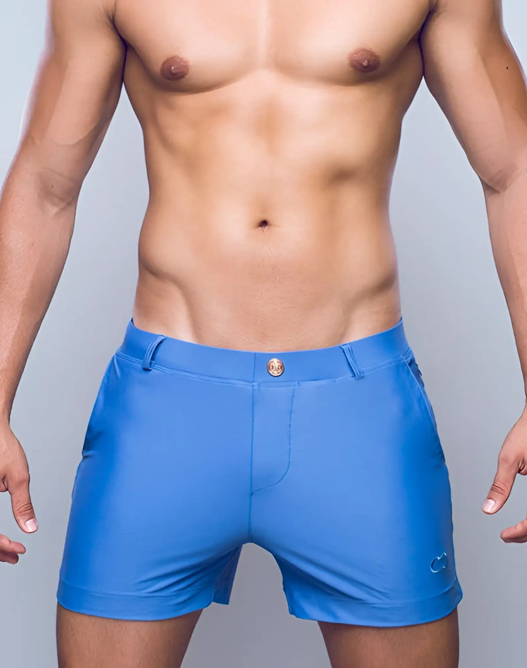 Bright blue 2eros bondi shorts series 3 with gold button and embroidered logo on lower right leg men’s swim trunks