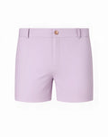 Lavender tailored 2eros bondi shorts series 3 with gold button and subtle logo on the lower right leg in pastel pink
