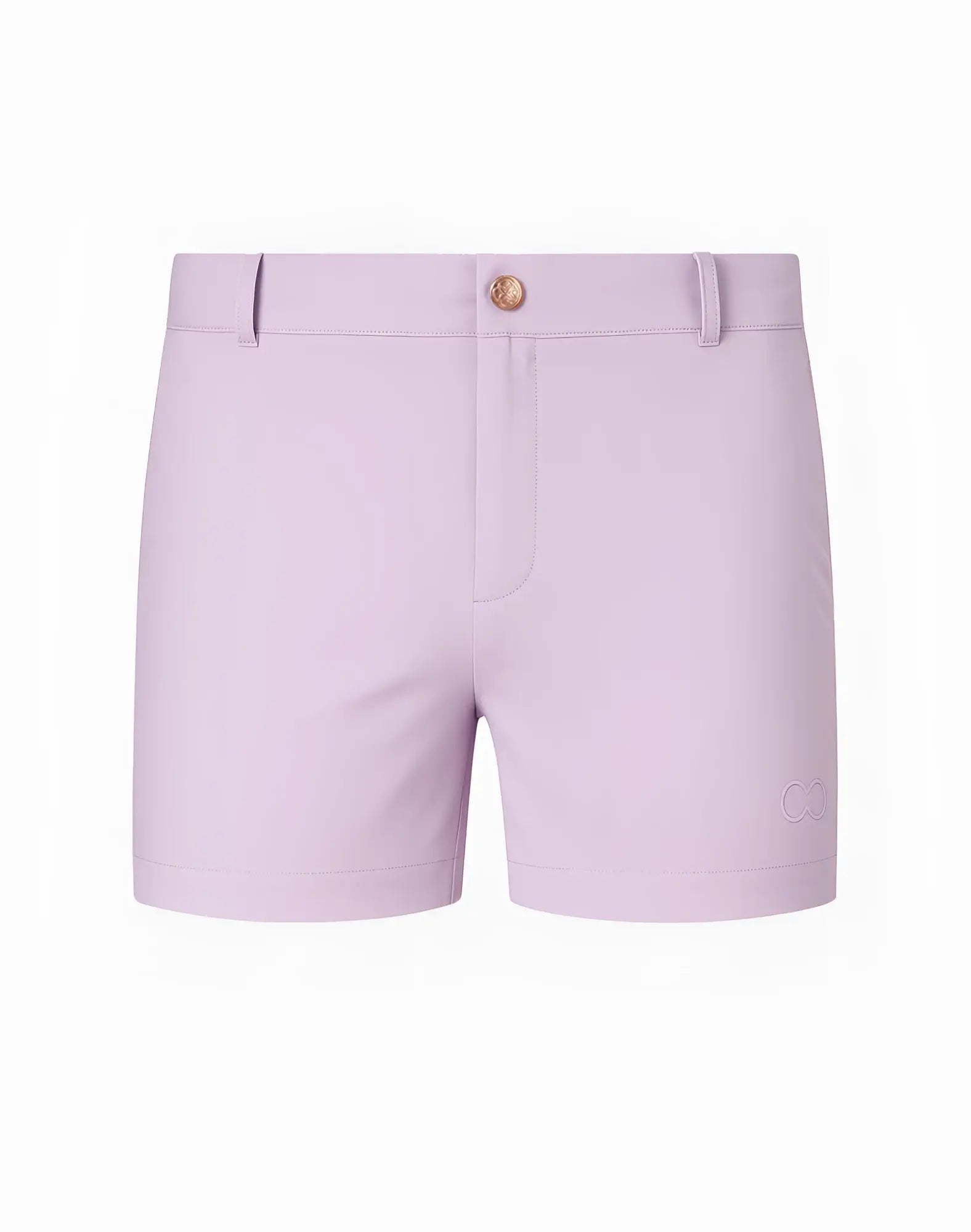 Lavender tailored 2eros bondi shorts series 3 with gold button and subtle logo on the lower right leg in pastel pink