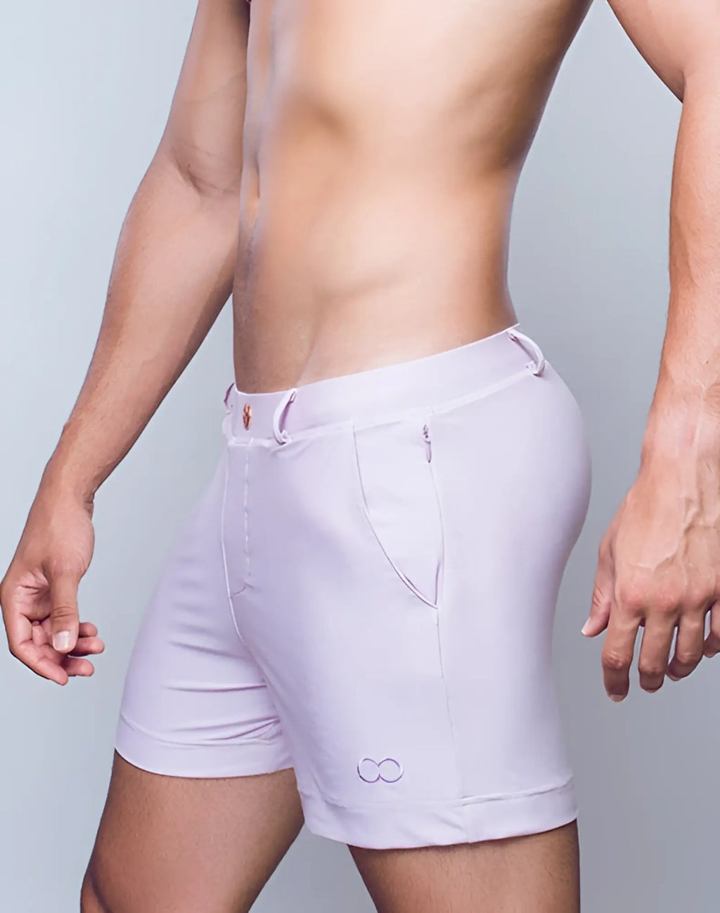 Light lavender 2EROS Bondi Shorts Series 3 athletic shorts with sleek design and subtle logo on lower left leg in pastel pink
