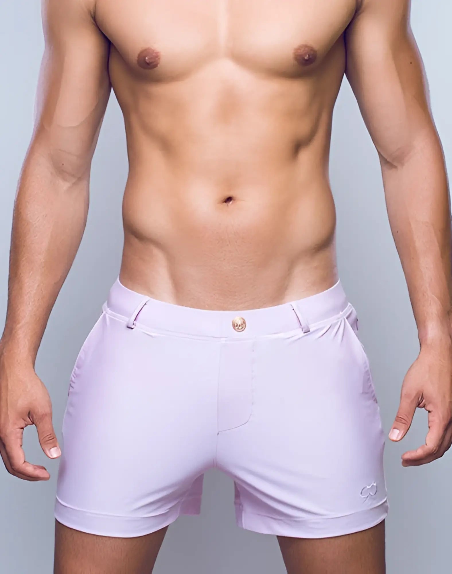 Pastel pink 2eros bondi shorts series 3 light purple athletic shorts with subtle logo and gold button at waistband