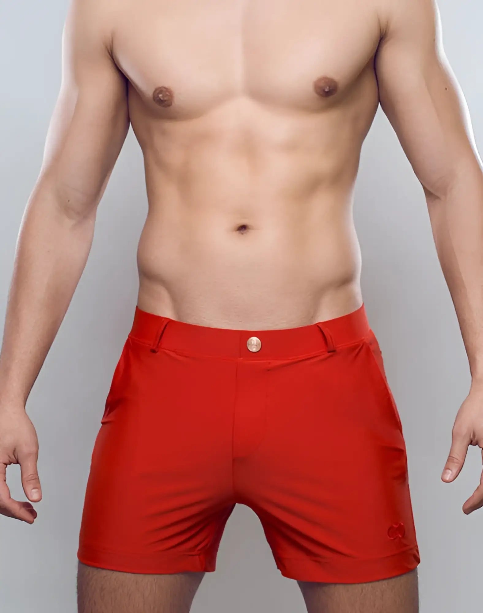 Red 2eros bondi shorts series 3 rust with button closure and subtle logo on lower right leg designed for athletic use