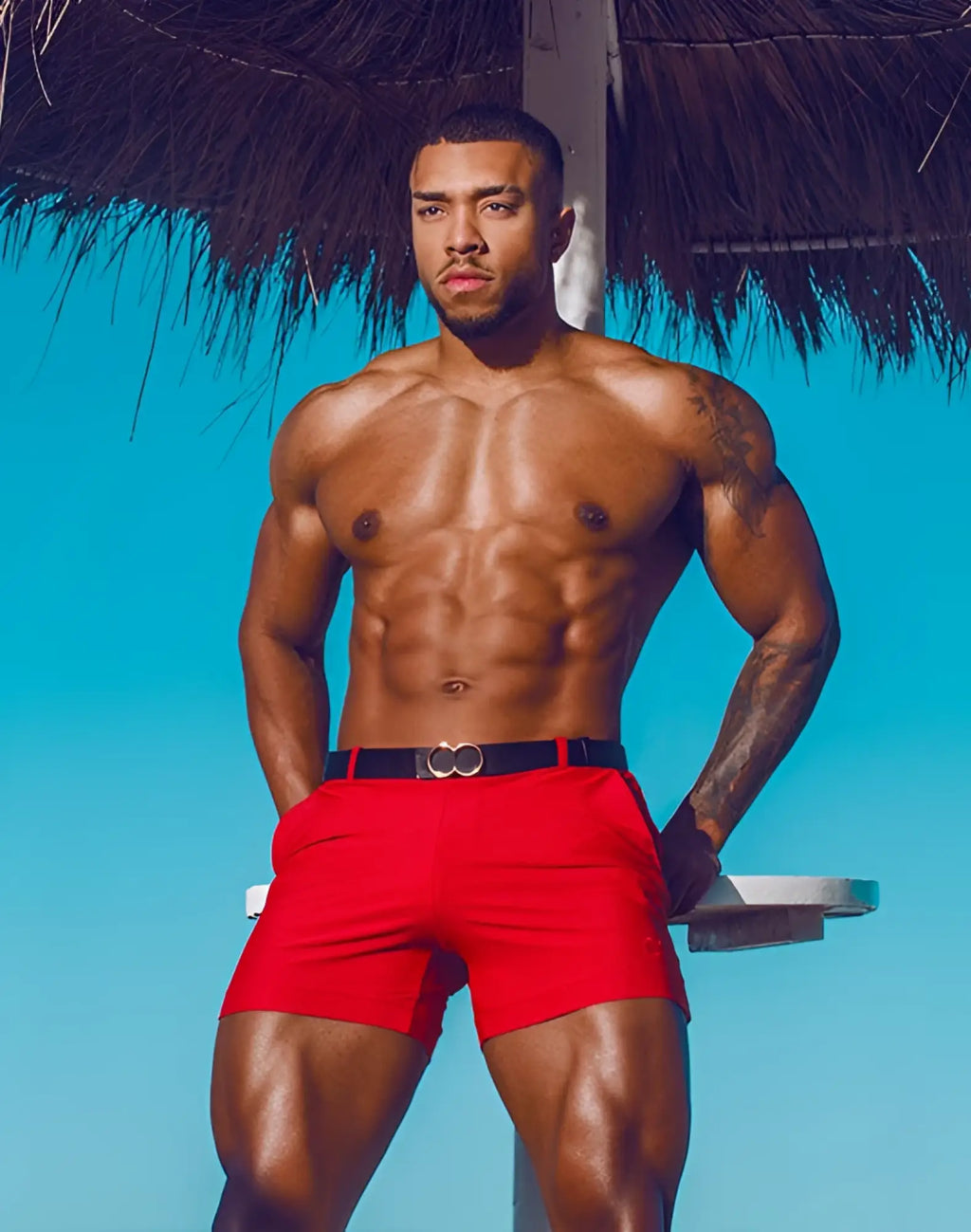 2EROS Bondi shorts series 3 rust red with black belt and silver double-ring buckle for casual wear