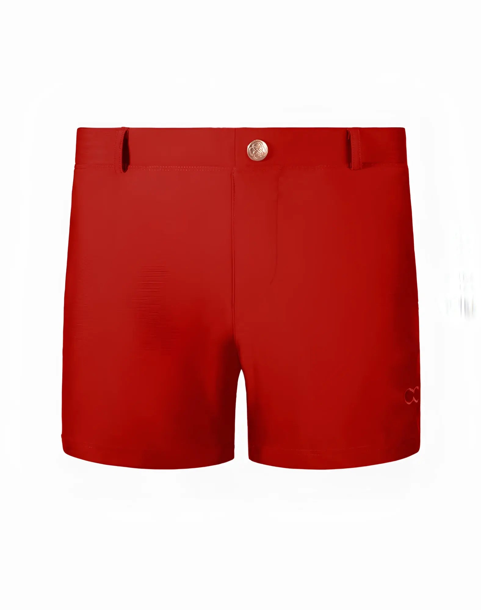 Red 2eros bondi shorts rust with gold toned button and subtle brand logo on the side in lightweight fabric