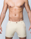Beige 2EROS Bondi Shorts Series 3 sand athletic shorts with subtle logo on lower right leg and buttoned waistband