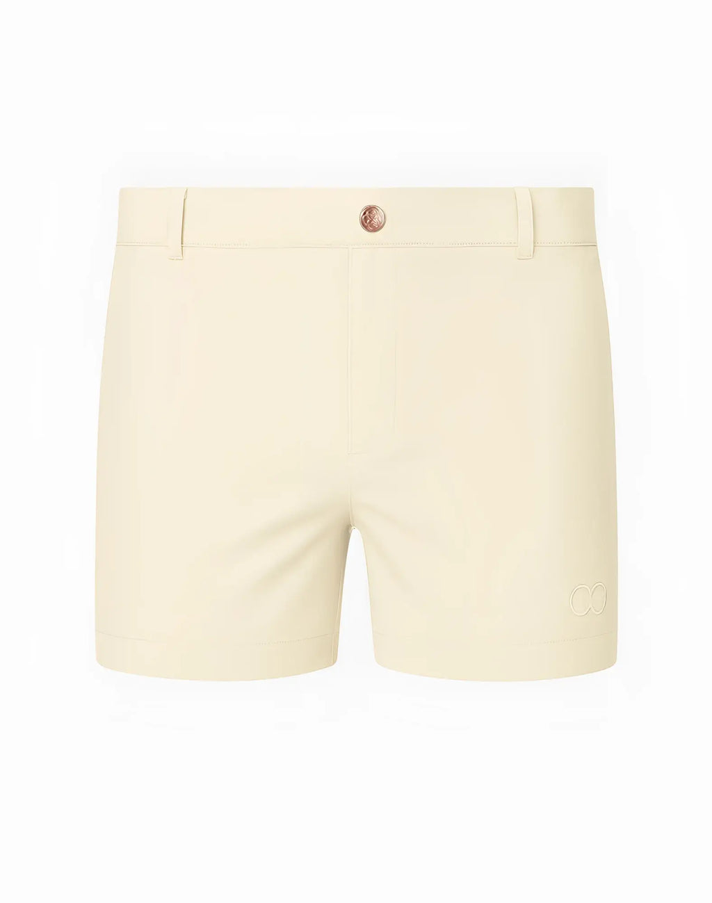 Cream-colored tailored 2EROS Bondi Shorts Series 3 sand with subtle woven logo and rose-gold button at waistband