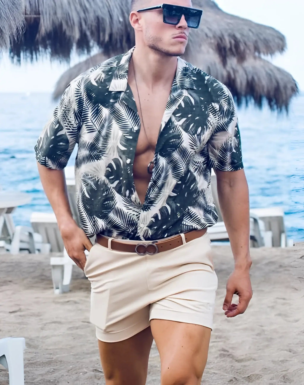 Man wearing 2eros bondi shorts series 3 sand with tropical leaf pattern short sleeve shirt in dark green and white