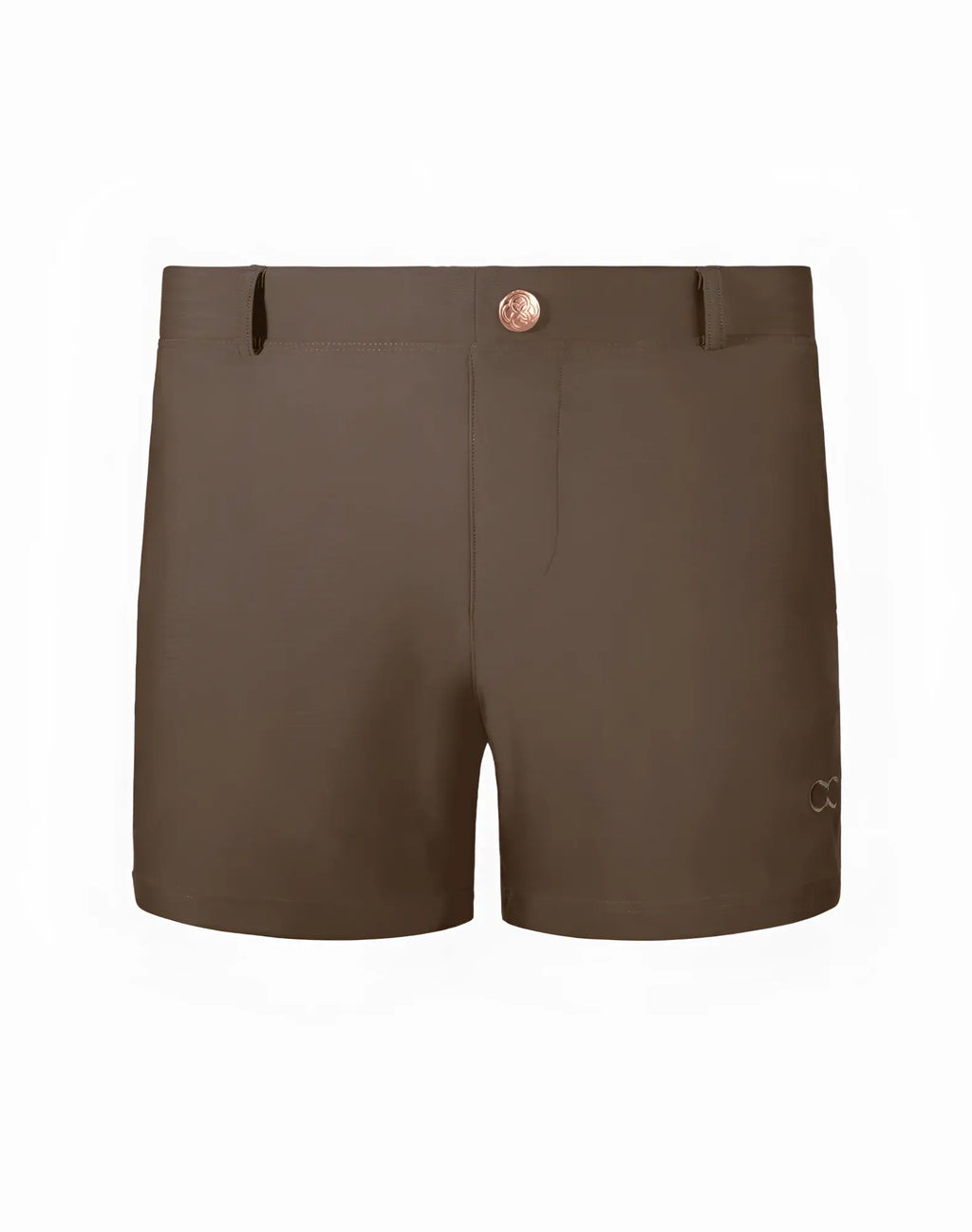 Brown 2eros bondi shorts series 3 shitake with rose gold button and subtle side brand logo