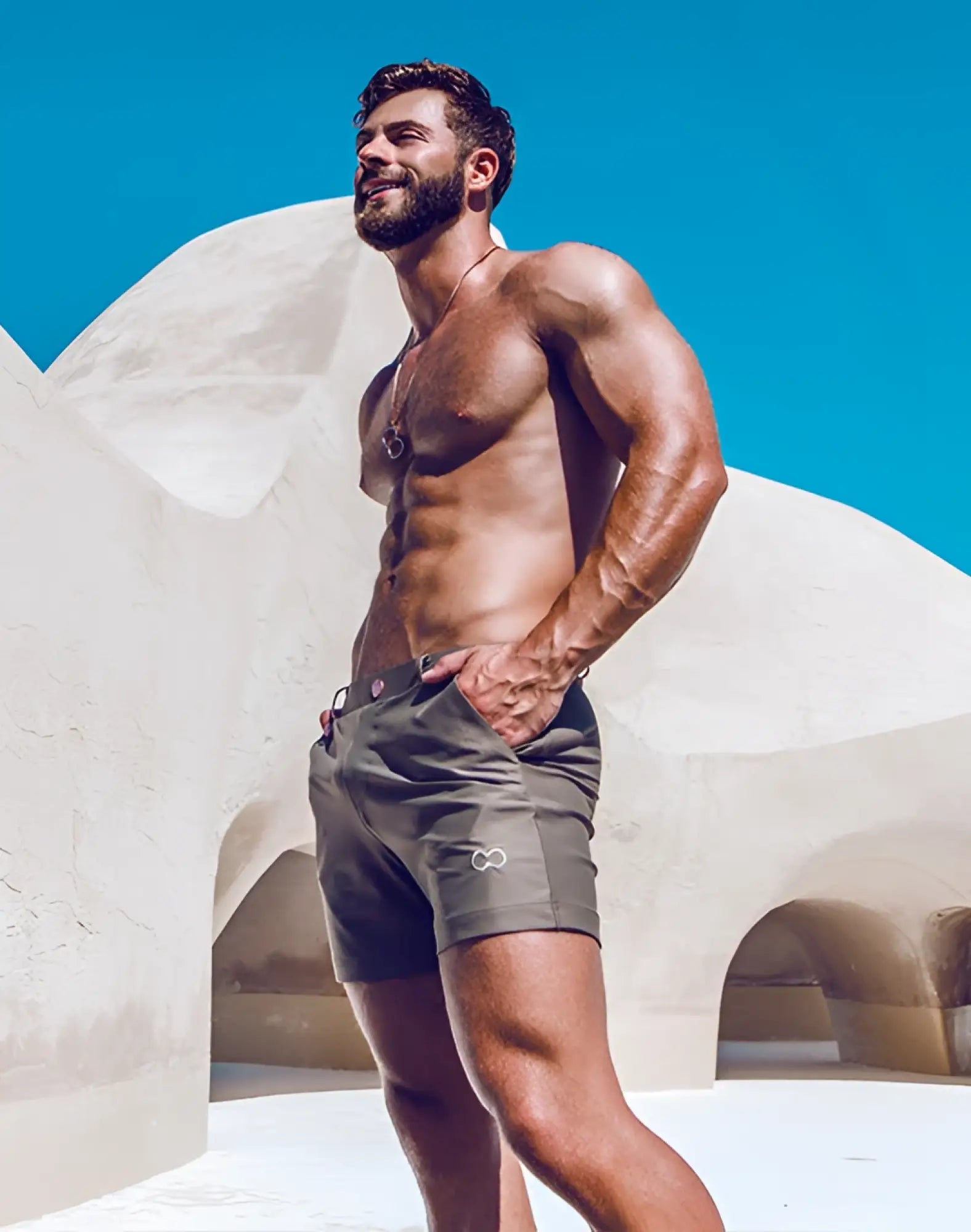 Olive green 2EROS Bondi shorts Series 3 with subtle left thigh logo made from breathable athletic fabric