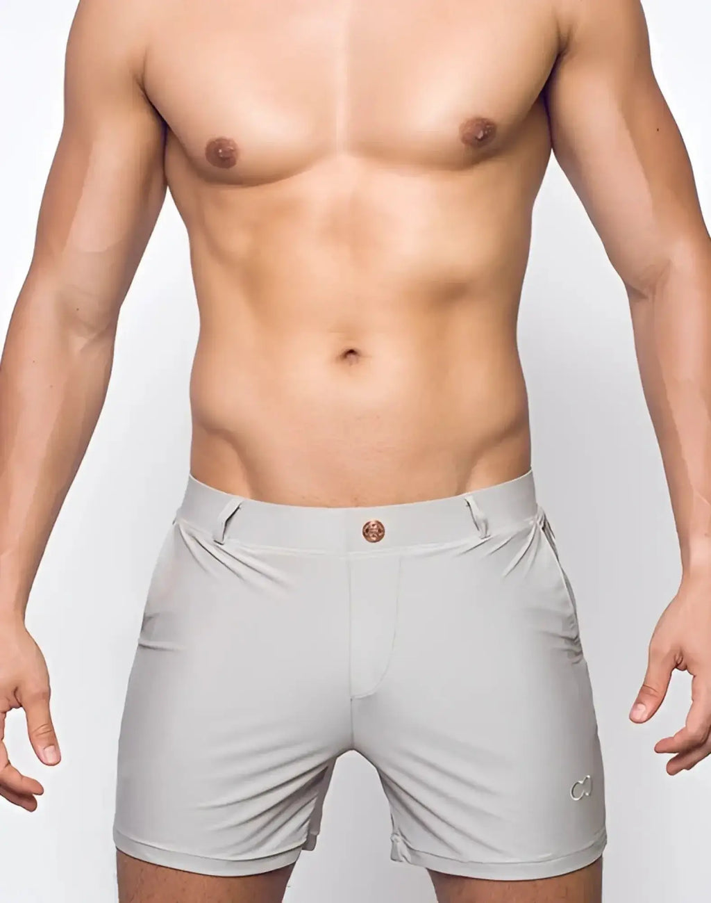 Gray 2EROS Bondi Series 3 athletic shorts with subtle textured fabric and small embroidered logo on lower right leg