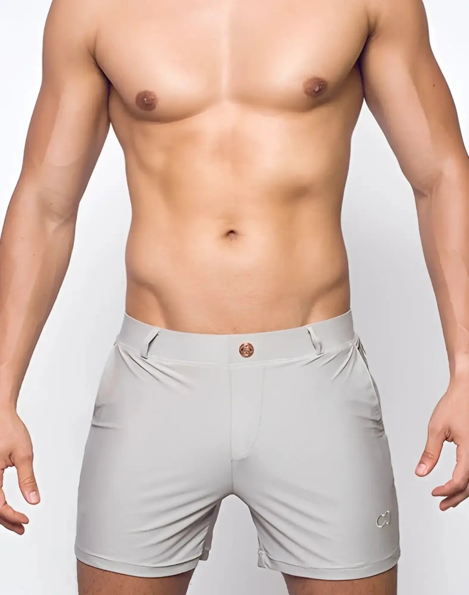 Gray 2EROS Bondi Series 3 athletic shorts with subtle textured fabric and small embroidered logo on lower right leg