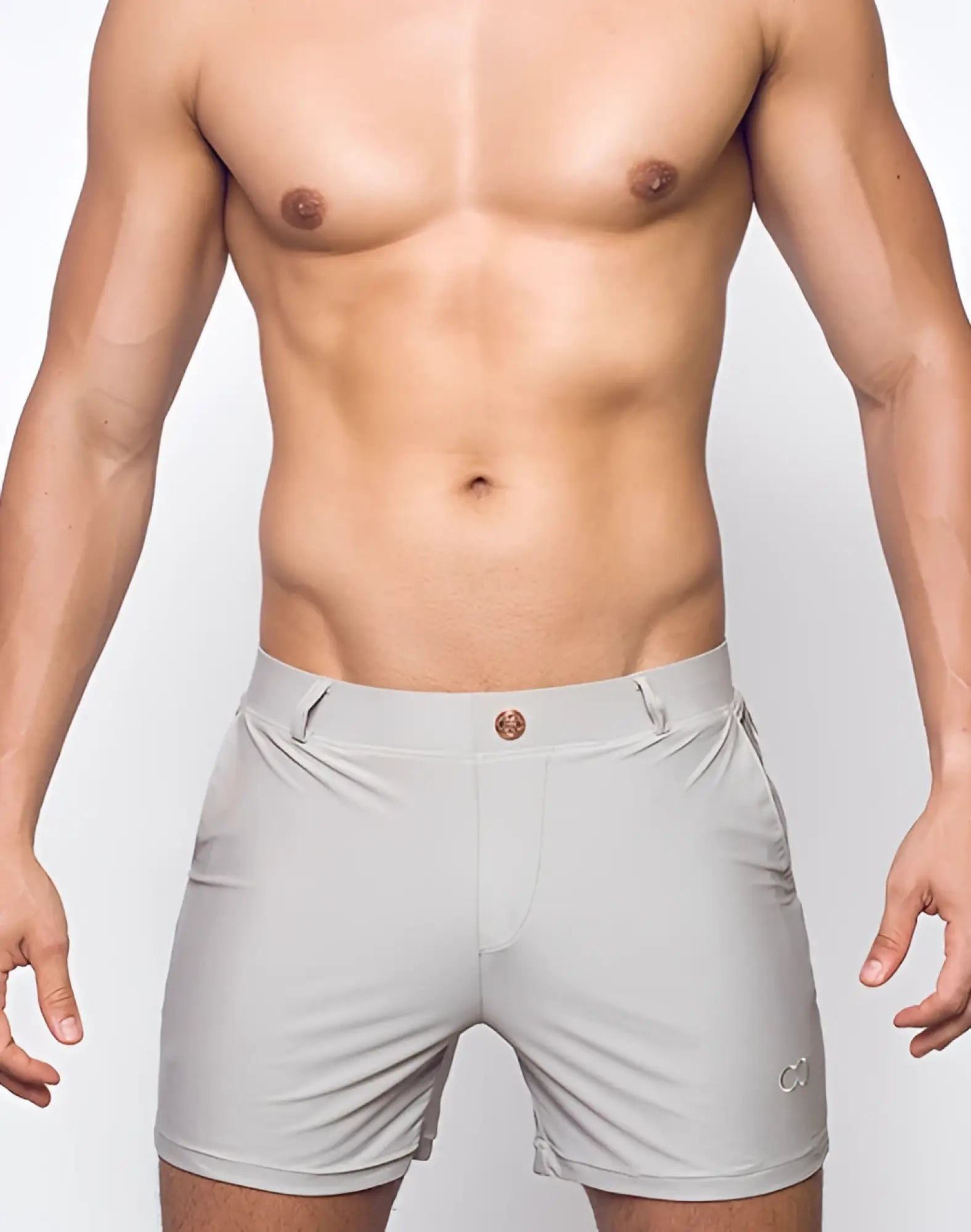 Gray 2EROS Bondi Series 3 athletic shorts with subtle textured fabric and small embroidered logo on lower right leg