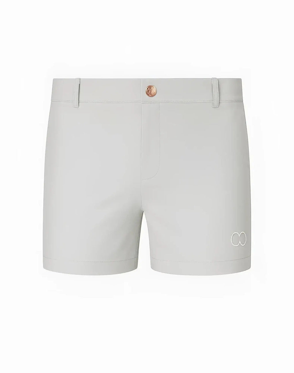 Light gray 2EROS Bondi shorts with rose gold button and subtle white logo on lower right leg in string brown series 3