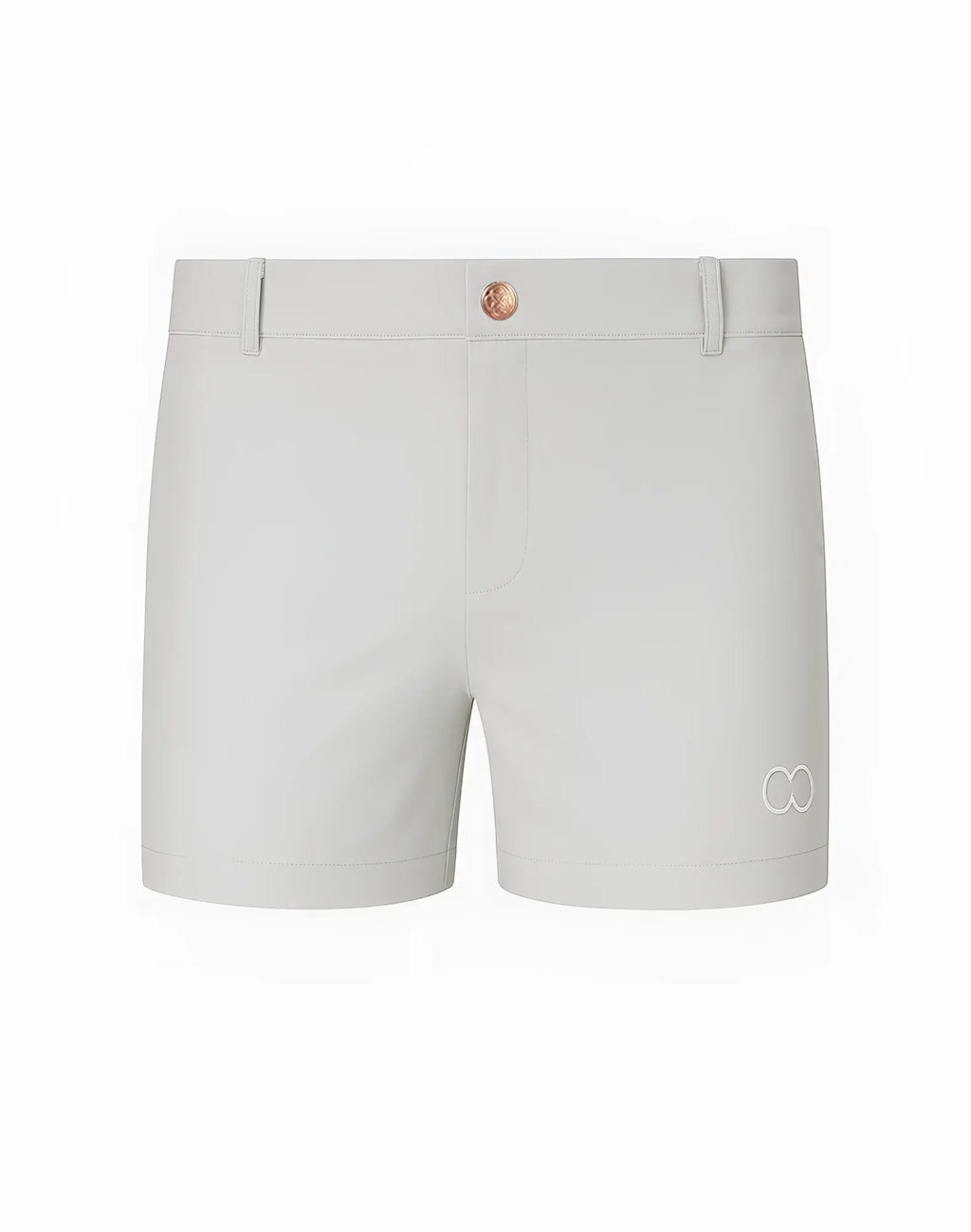 Light gray 2EROS Bondi shorts with rose gold button and subtle white logo on lower right leg in string brown series 3