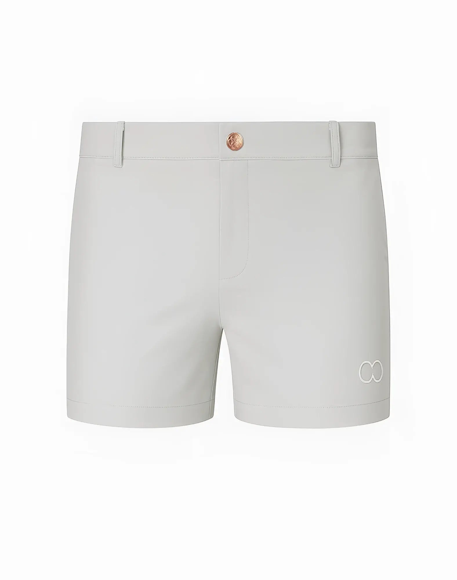 Light gray 2EROS Bondi shorts with rose gold button and subtle white logo on lower right leg in string brown series 3
