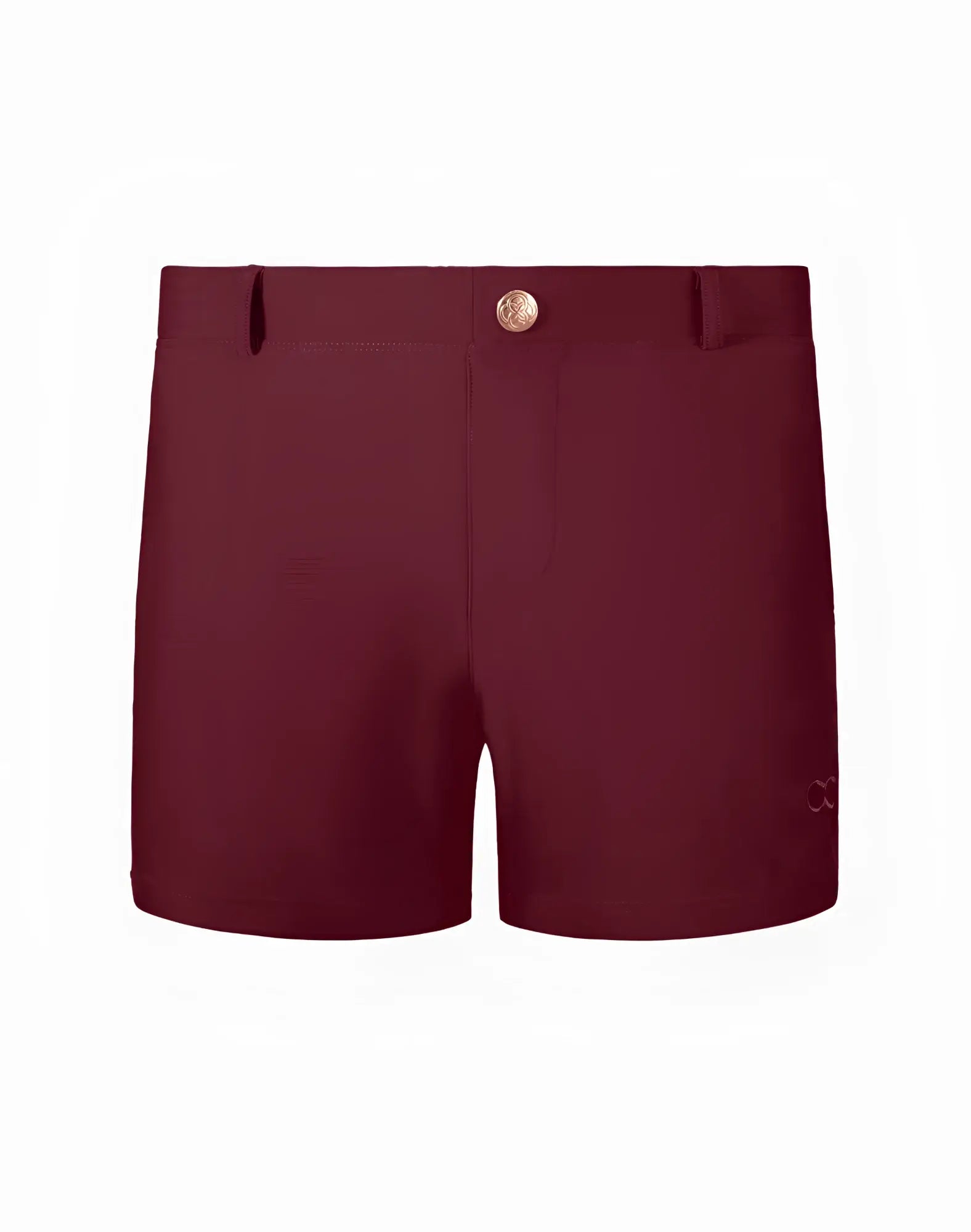 Maroon 2EROS Bondi shorts with gold-toned button and subtle logo on the side in tawny port color