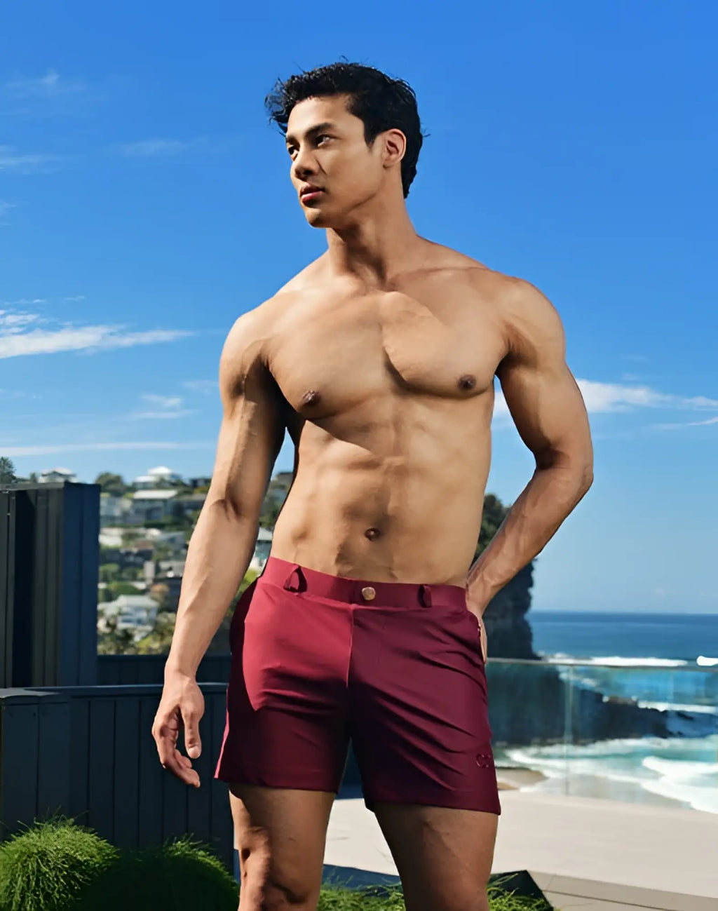 Maroon 2EROS Bondi Shorts series 3 featuring a buttoned waistband and subtle side pockets for casual wear