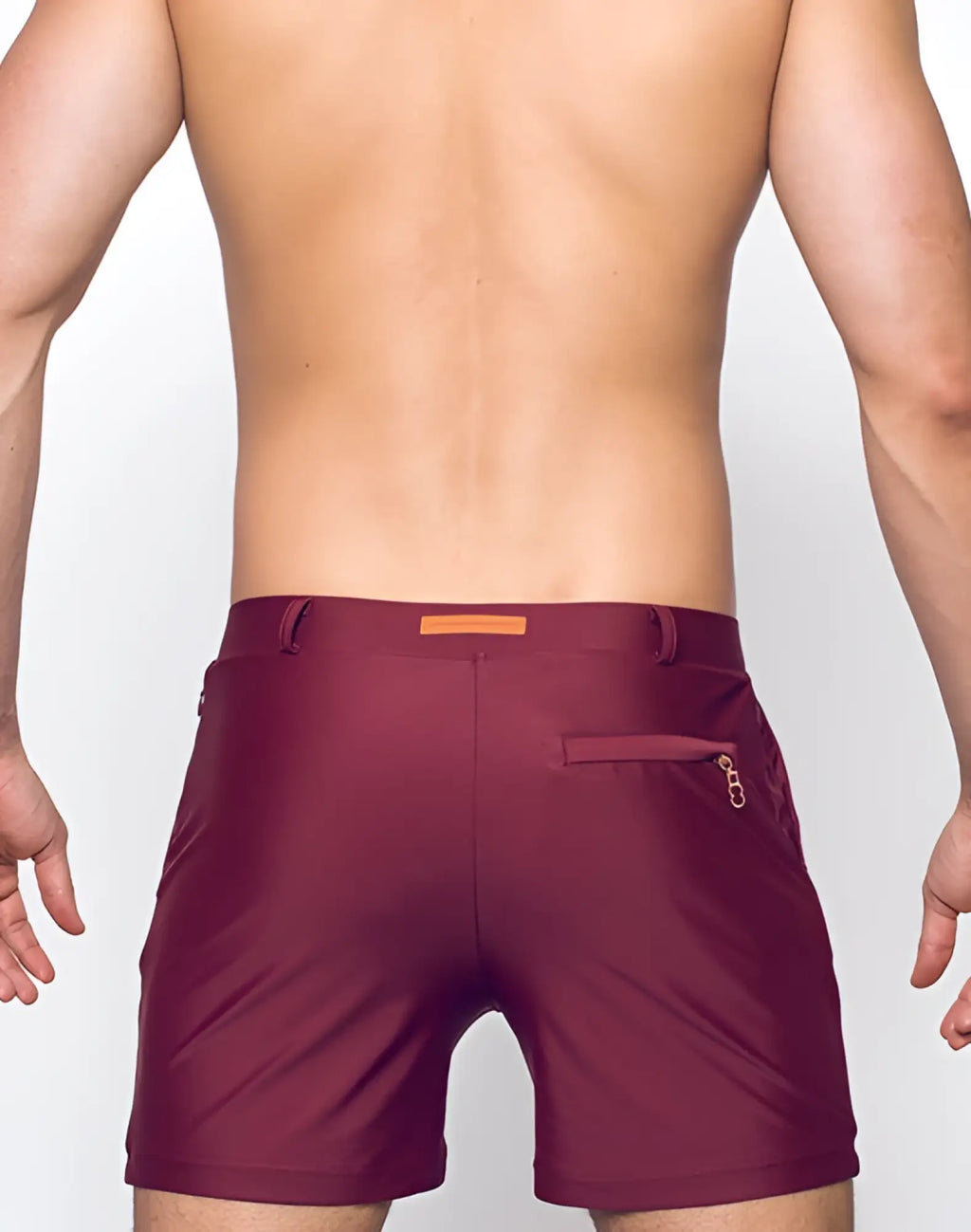 Maroon 2EROS Bondi Shorts Series 3 swim trunks with subtle textured pattern and orange tag at waistband