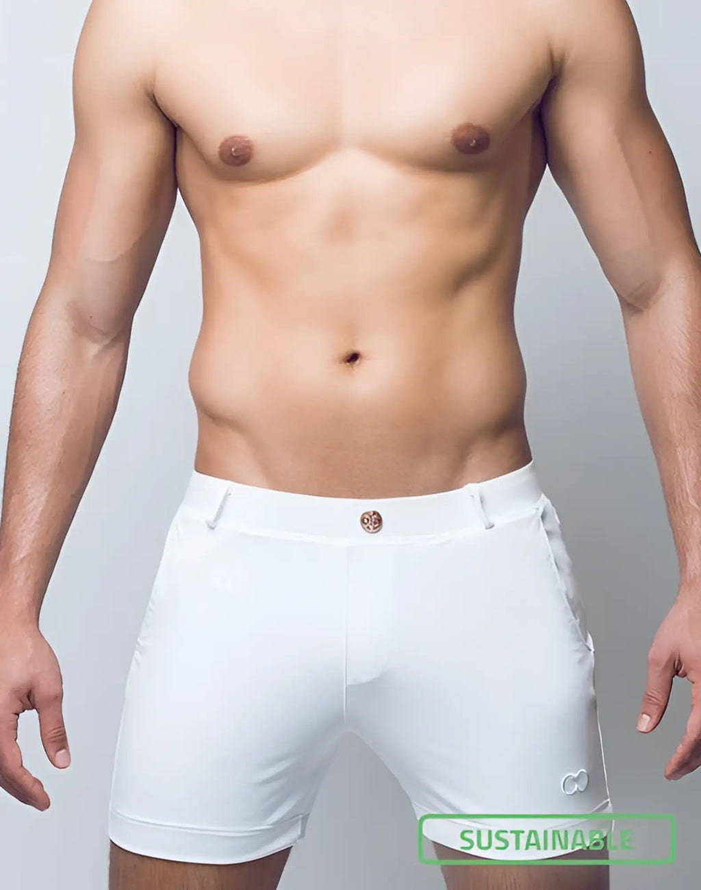 White athletic 2eros bondi shorts with sleek form-fitting design and subtle side branding for active wear