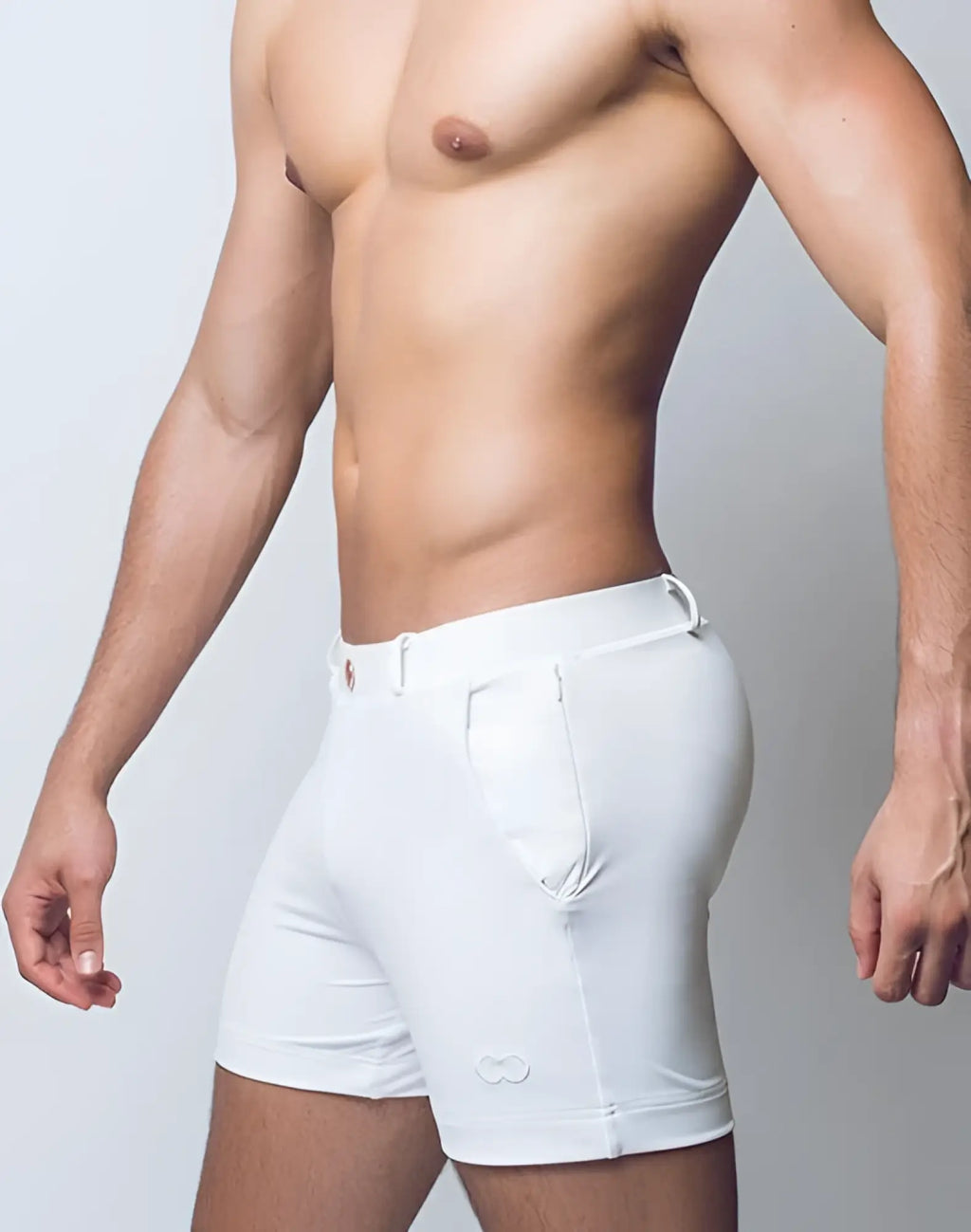 White 2eros bondi shorts series 3 with sleek form-fitting design and subtle branding on the lower left leg