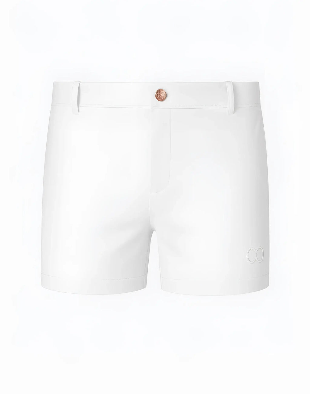 2eros bondi shorts series 3 white cotton shorts with rose gold button and subtle embroidered logo on the side