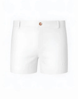 2eros bondi shorts series 3 white cotton shorts with rose gold button and subtle embroidered logo on the side