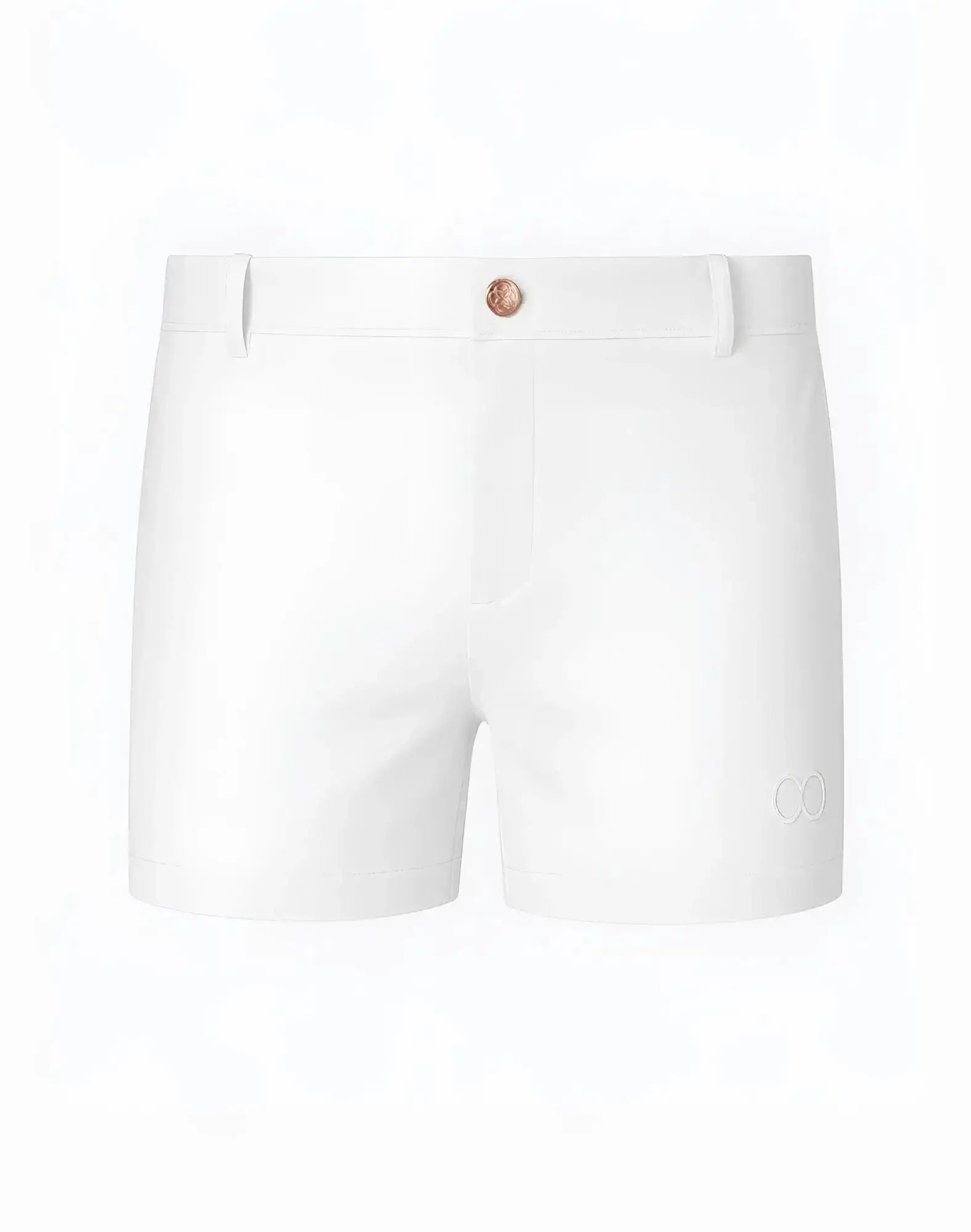 2eros bondi shorts series 3 white cotton shorts with rose gold button and subtle embroidered logo on the side