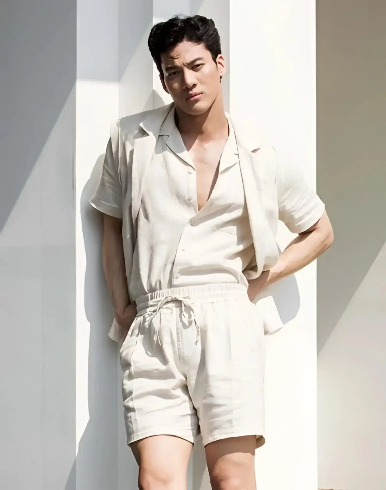 Beige linen shorts with a drawstring waistband from 2EROS breezy 6 inch classic linen shorts collection