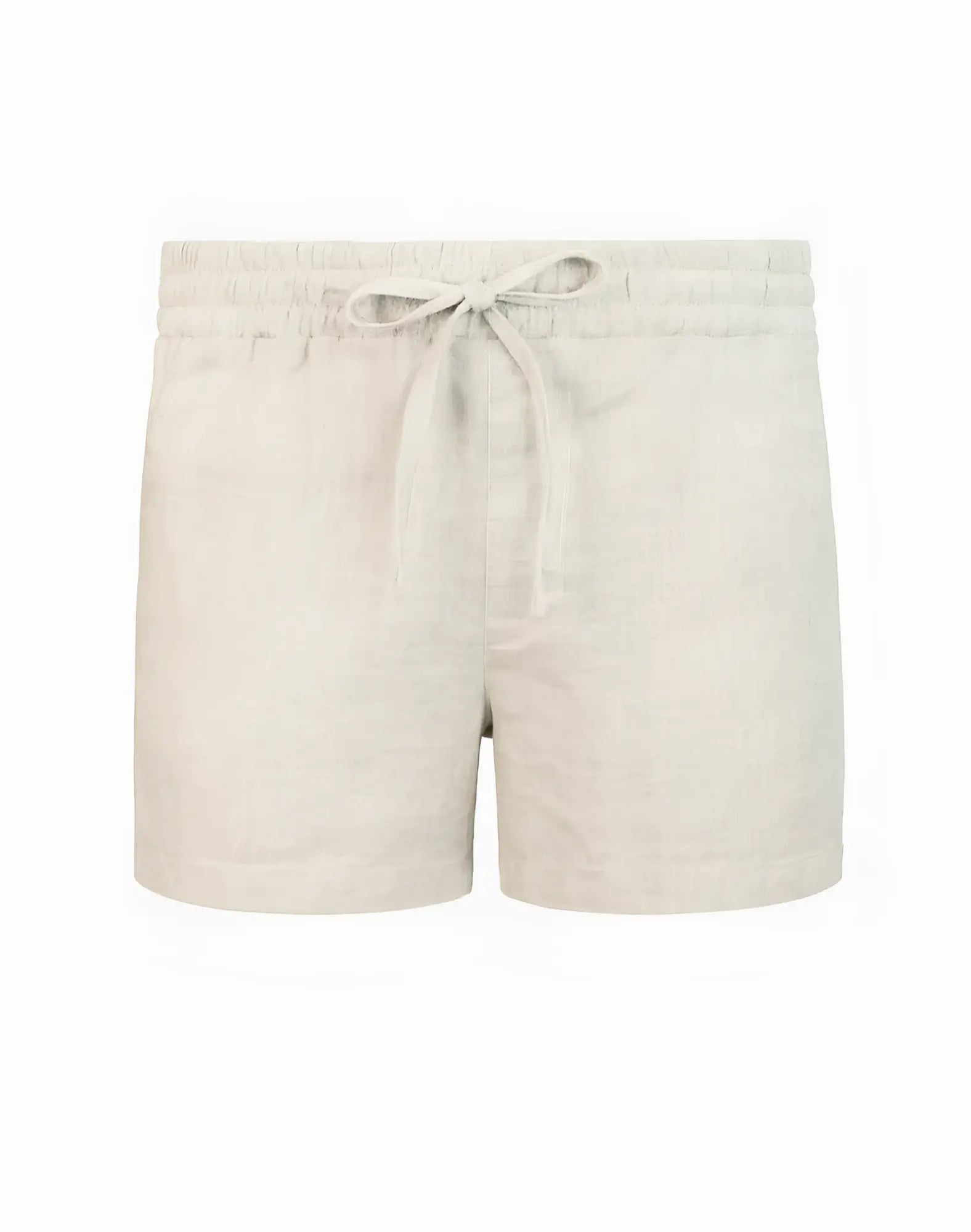 Beige linen shorts with elastic waistband and matching drawstring from 2eros breezy 6 inch classic collection