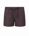 Brown linen shorts with elastic waistband and matching drawstring tie from 2EROS breezy classic linen shorts dark gray