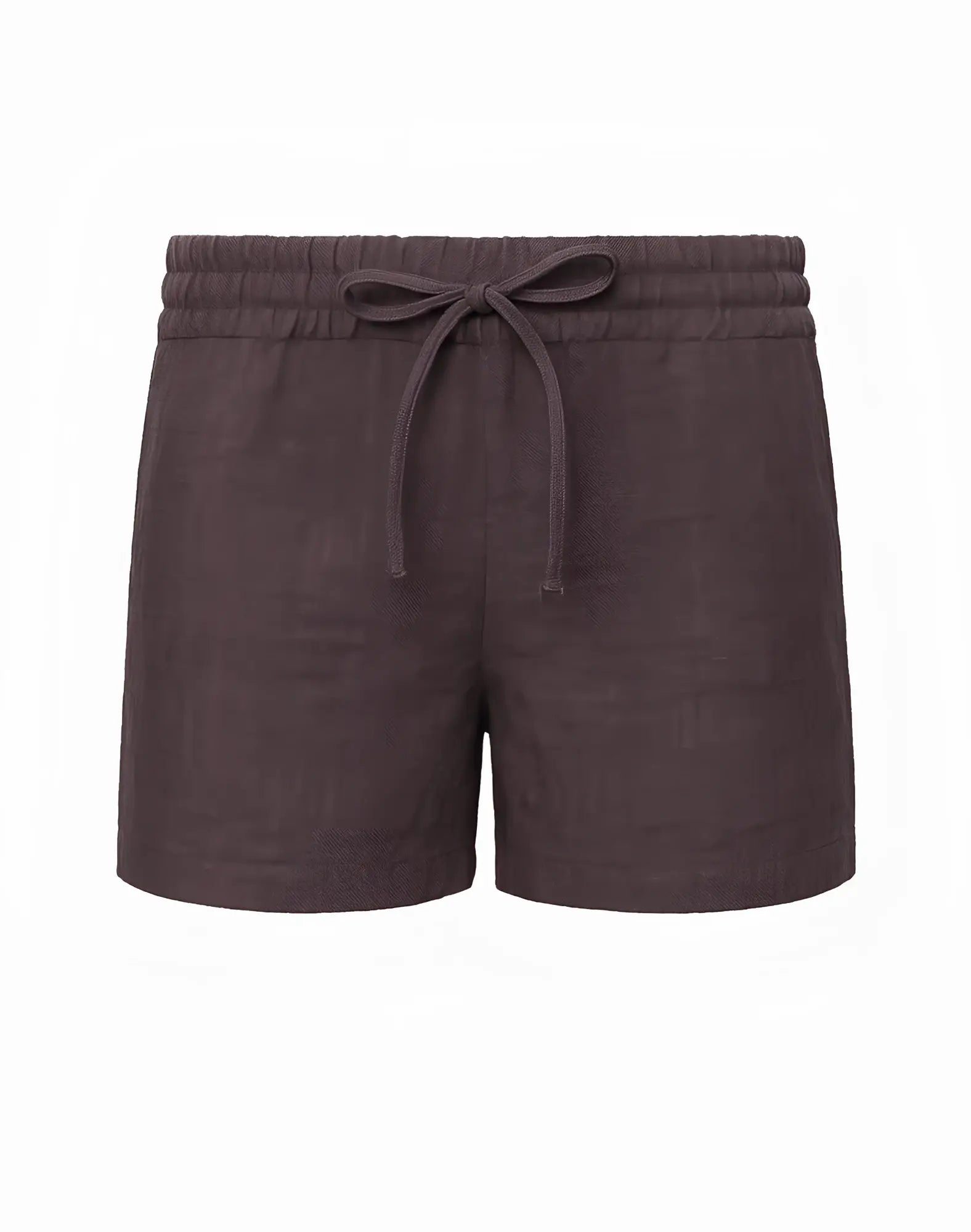 Brown linen shorts with elastic waistband and matching drawstring tie from 2EROS breezy classic linen shorts dark gray