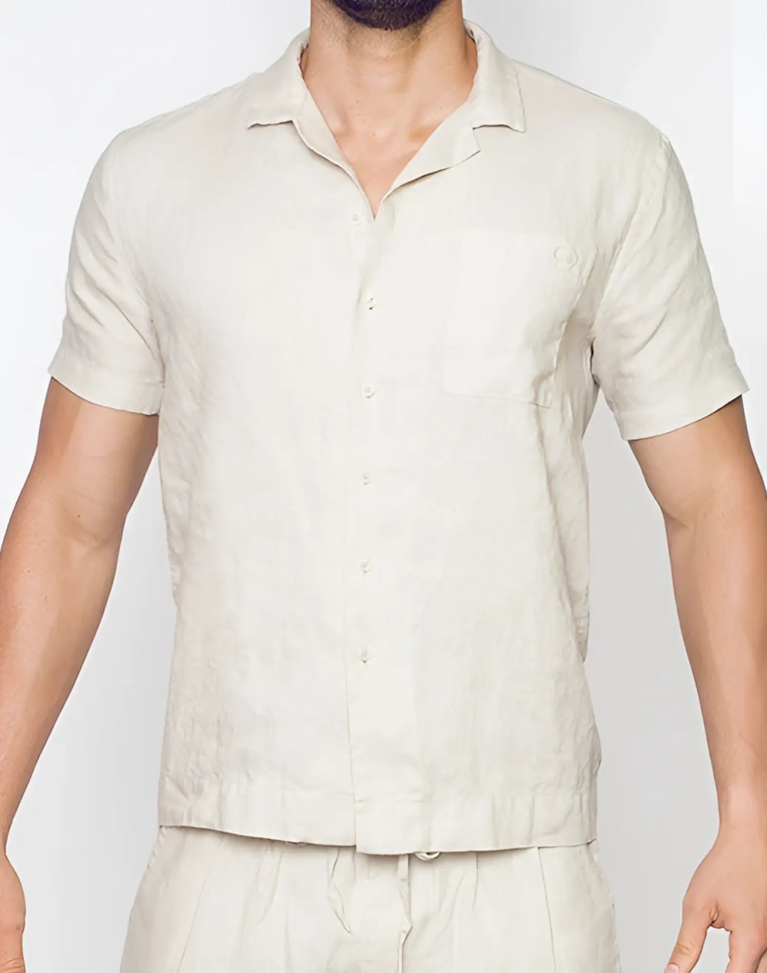 Beige 2eros breezy linen short sleeve classic shirt with collar chest pocket and buttons down front