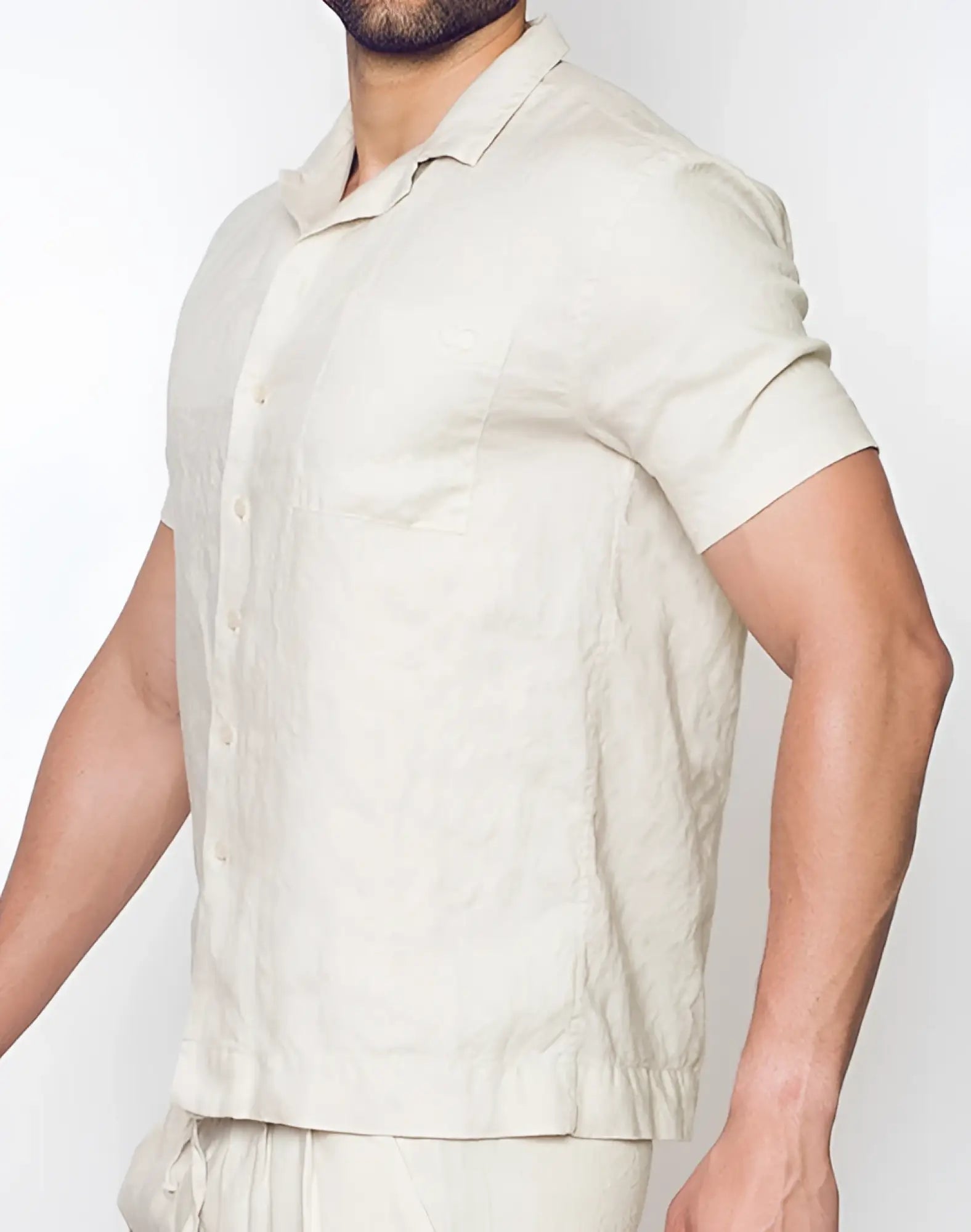 Beige linen short sleeve button-up shirt with collar and chest pocket from 2EROS Breezy Classic collection
