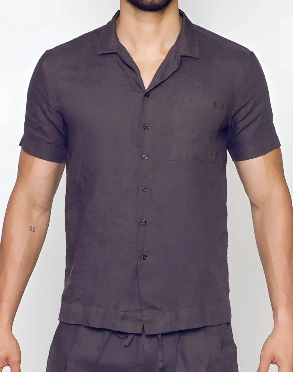 Dark gray 2eros breezy linen short sleeve classic shirt with subtle textured pattern and collar