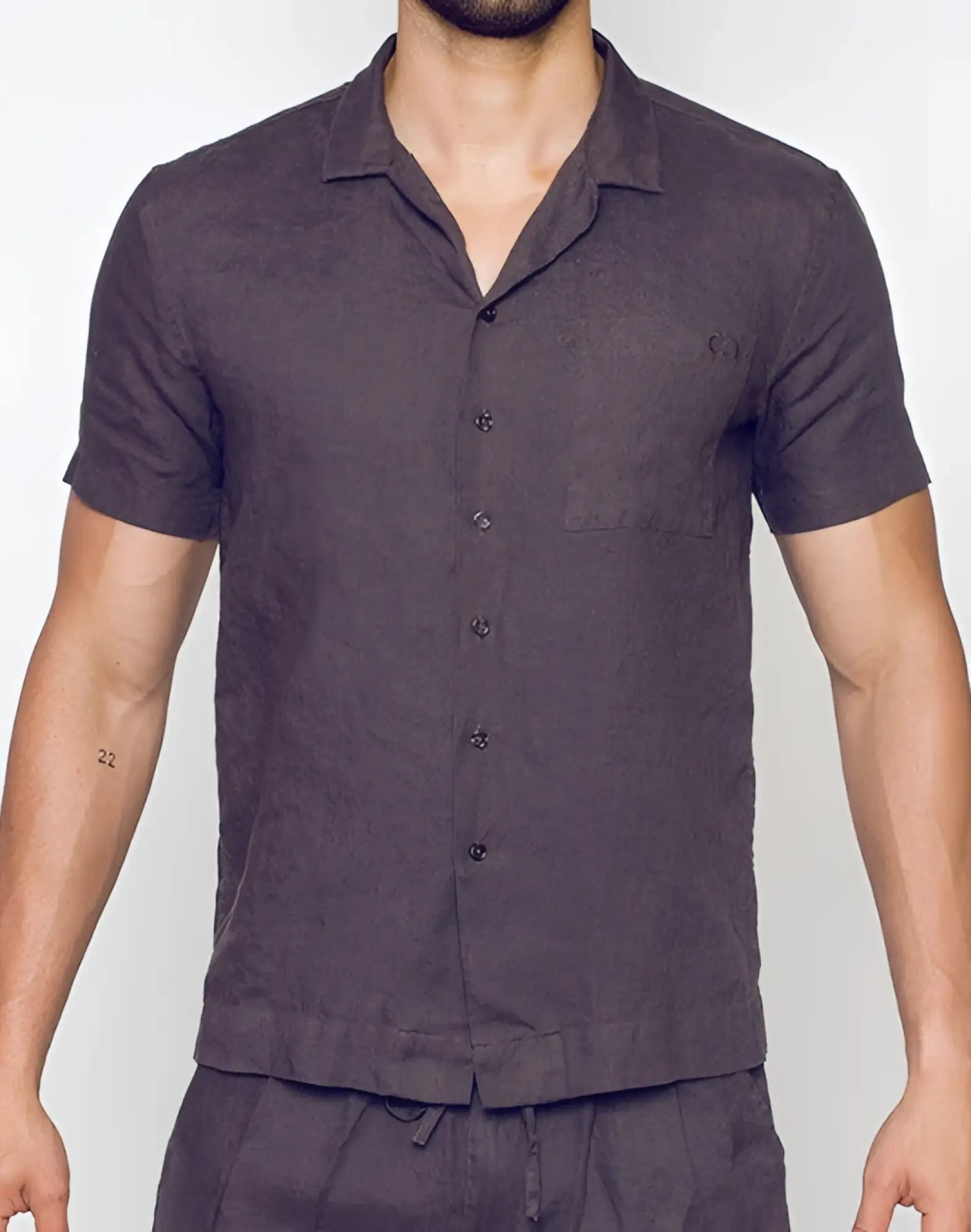 Dark gray 2eros breezy linen short sleeve classic shirt with subtle textured pattern and collar