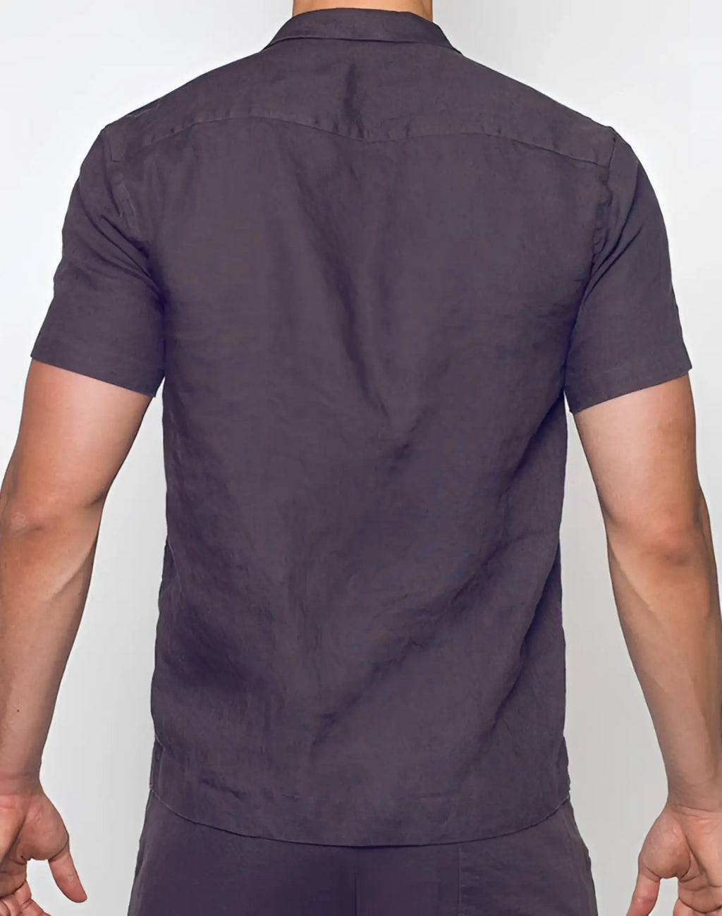 Dark gray 2EROS breezy linen short sleeve classic shirt with a subtle textured fabric and button-up front