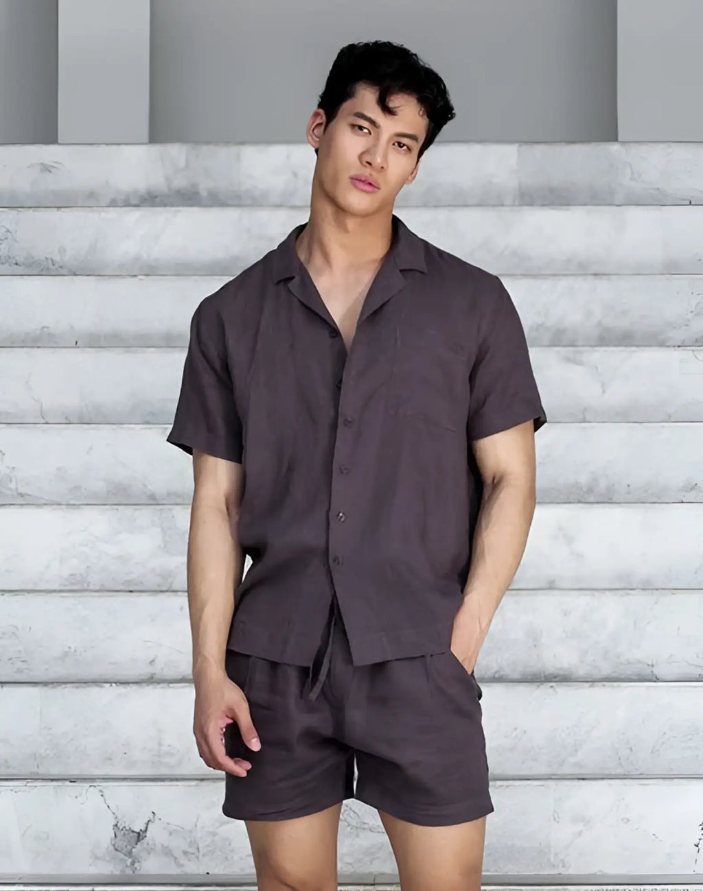 Dark gray linen short sleeve classic shirt by 2EROS with button-up front collar and chest pocket for breezy comfort