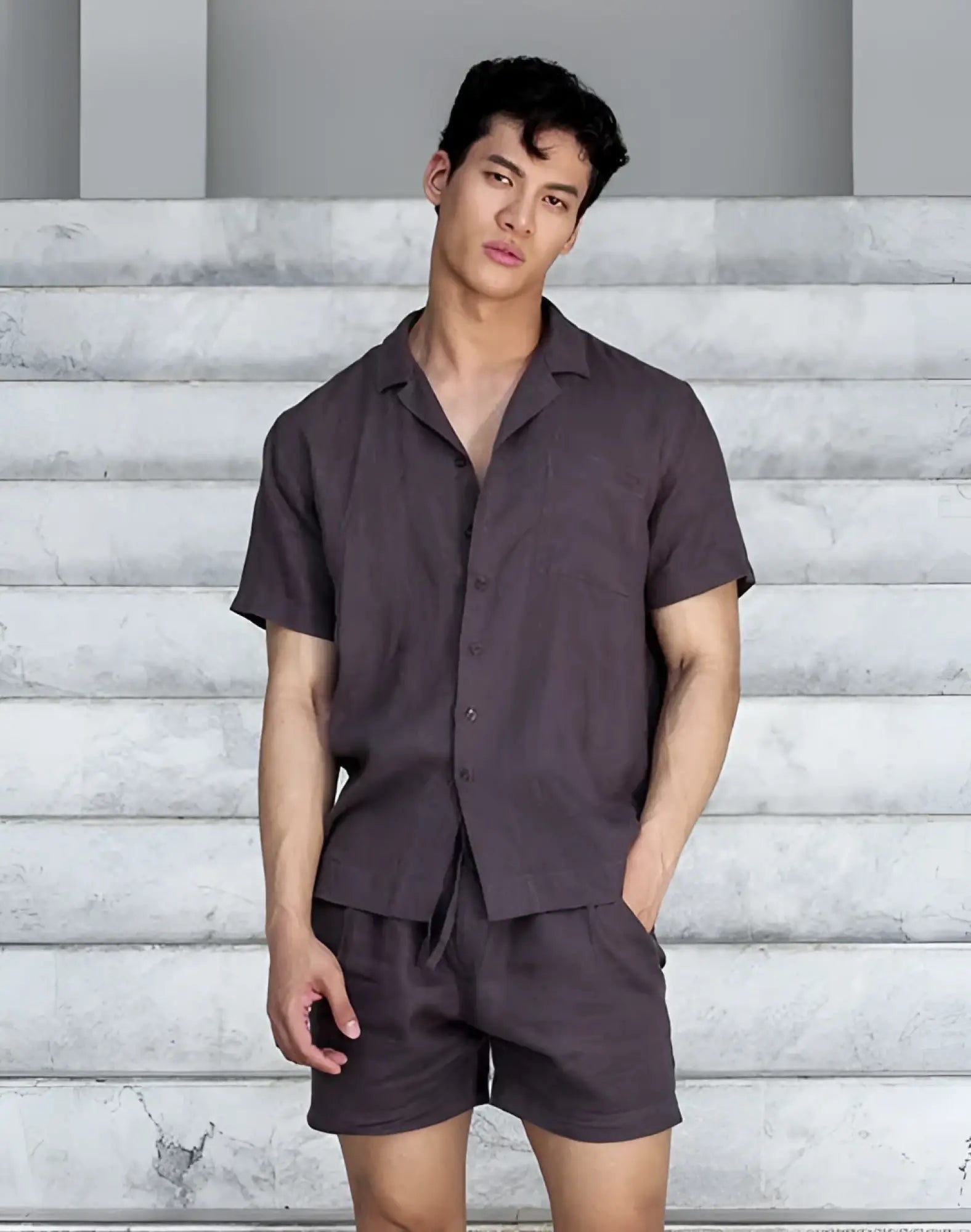 Dark gray linen short sleeve classic shirt by 2EROS with button-up front collar and chest pocket for breezy comfort