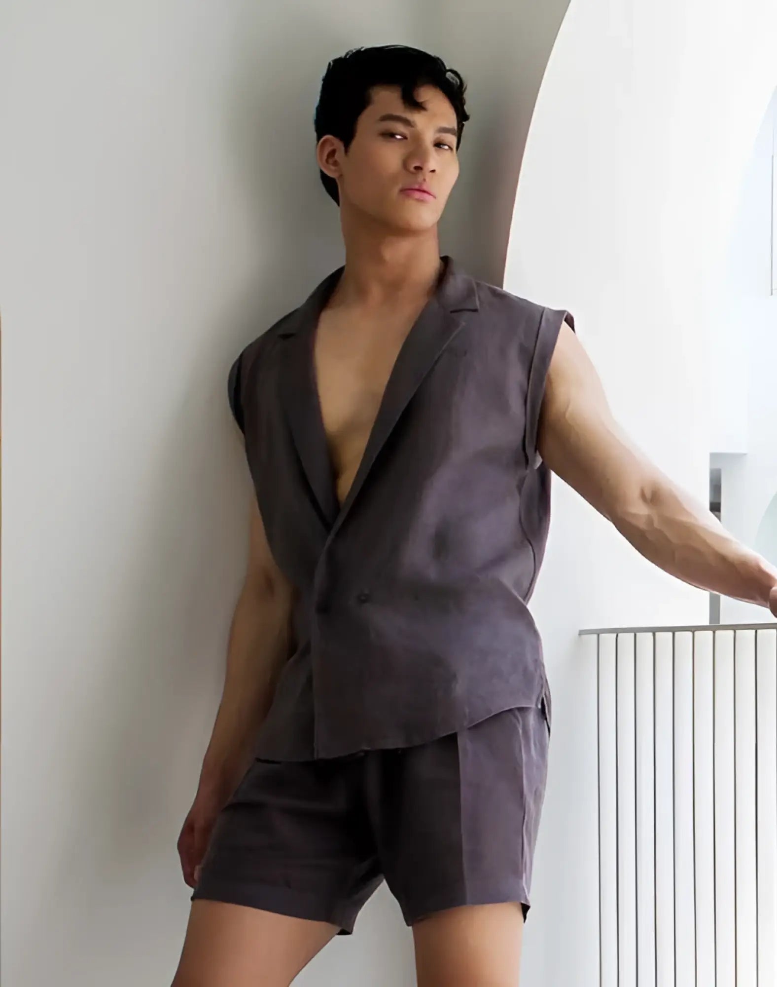 Dark gray 2eros breezy linen sleeveless blazer with tailored fit and subtle texture single button wrap vest