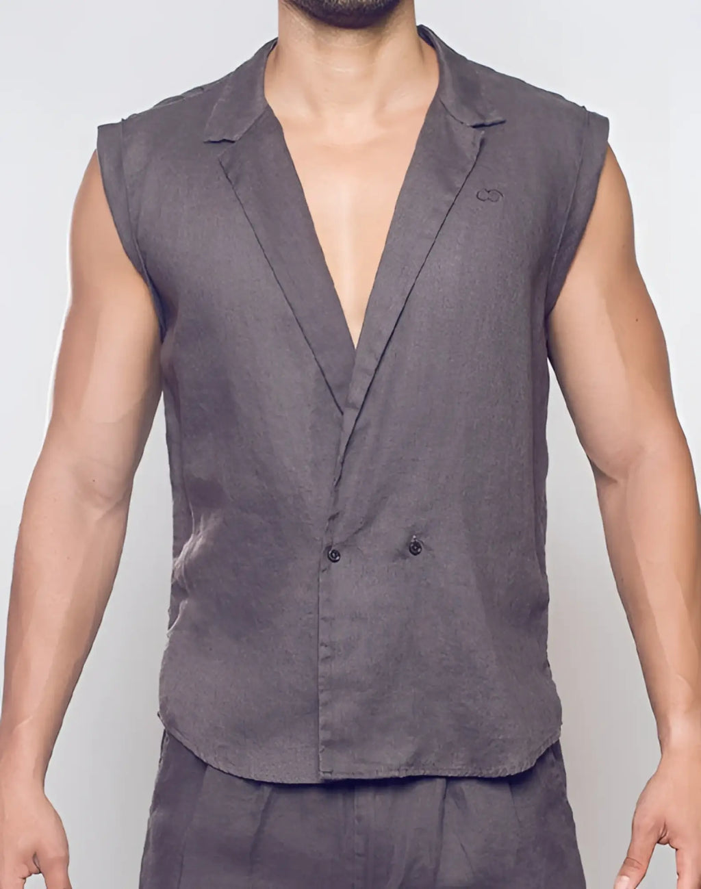 Dark gray sleeveless linen vest with notched collar and double-button front from 2EROS breezy linen collection