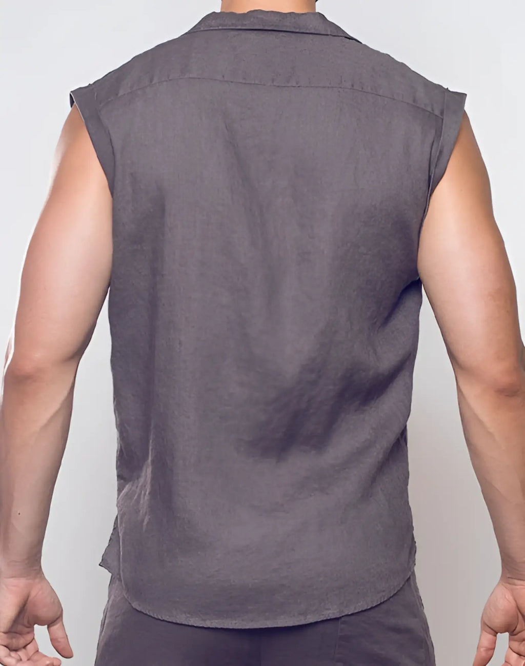 Dark gray sleeveless button-up shirt with classic collar and subtle textured fabric from 2eros breezy linen vest collection