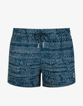 Dark blue 2EROS Bronte print swim shorts with white wavy line pattern and silver drawstring ties in Naiad Navy