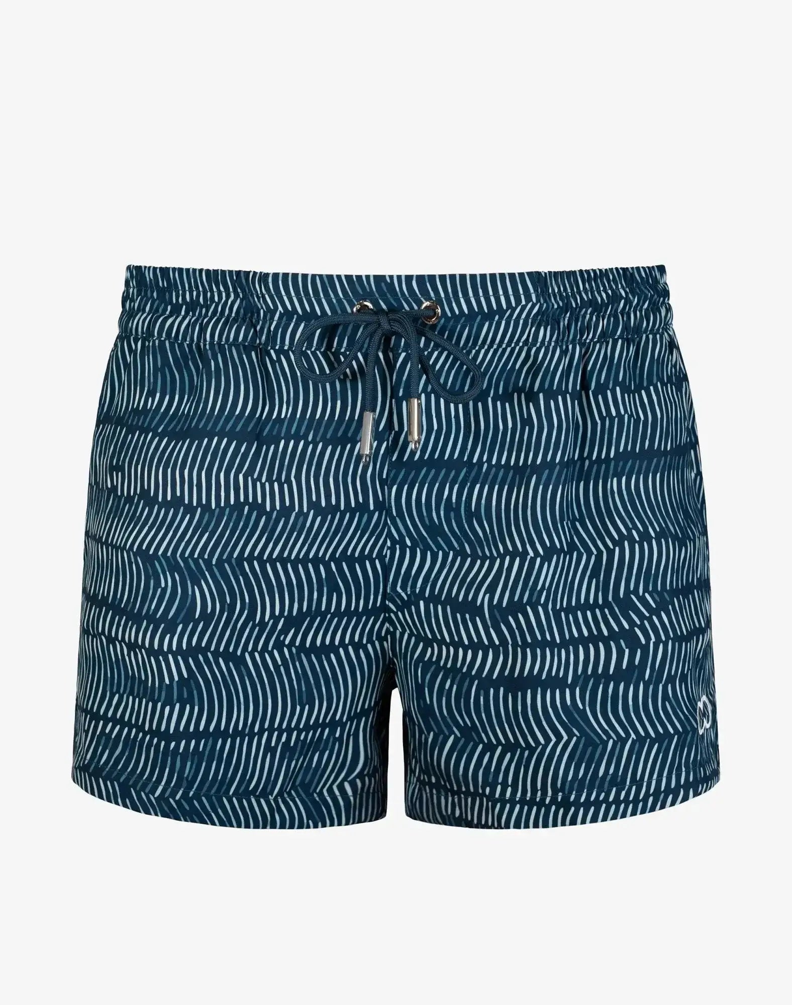 Dark blue 2EROS Bronte print swim shorts with white wavy line pattern and silver drawstring ties in Naiad Navy
